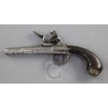 A cannon-barrelled flintlock boxlock pocket pistol, rounded frame, silver wire inlaid butt, silver