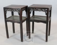 A pair of Chinese hongmu rectangular two tier tables, late 19th century, with lingzhi fungus