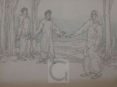 § Austin Osman Spare (1888-1956)pencil and blue pencil on thin wove paperThree robed figures and