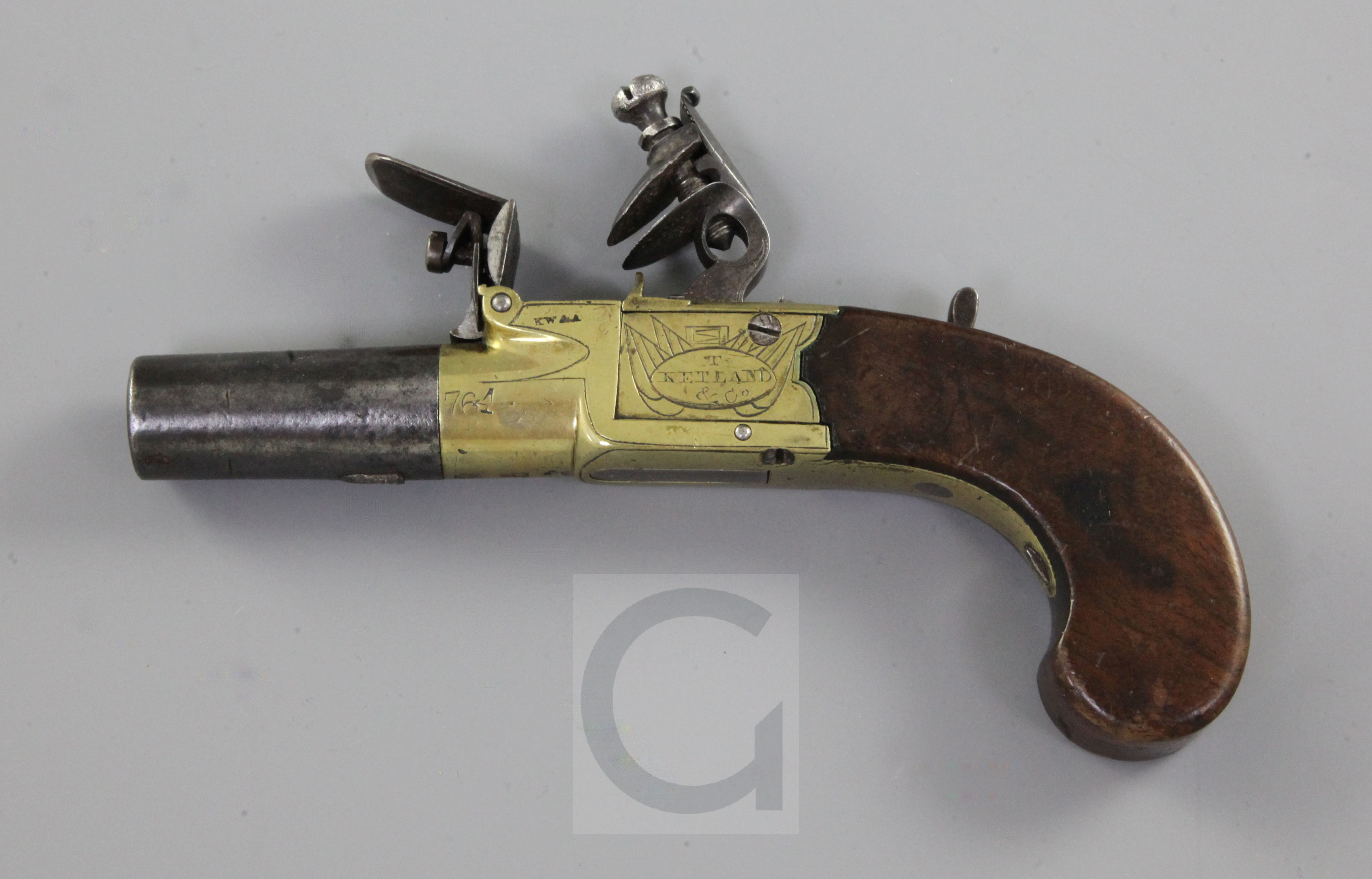 A flintlock boxlock pocket pistol, by T. Ketland, London, c.1820, brass frame, 6in.