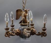 A 19th century French Restauration, bronze and ormolu five light electrolier, with central eagle