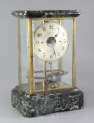 An early 20th century Bulle electric green marble four glass mantel clock, 14.5in.