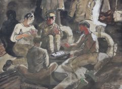 Yves Brayer (1907-1990)ink and watercolour'Aux armees, 1939'; soldiers playing cardssigned9 x 12.