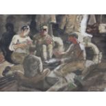 Yves Brayer (1907-1990)ink and watercolour'Aux armees, 1939'; soldiers playing cardssigned9 x 12.