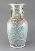 A large Chinese Canton decorated turquoise ground two-handled vase, late 19th century, painted