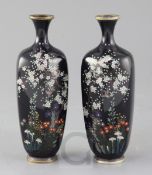 A pair of Japanese silver wire cloisonne enamel hexagonal vases, Meiji period, decorated with