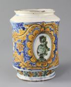 A Montelupo maiolica albarello, 18th century, painted with an oval reserve of a bust of a Roman