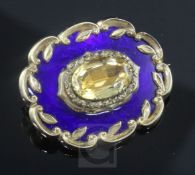 A Victorian, ornate gold, citrine and blue guilloche enamel oval brooch, with safety clasp and