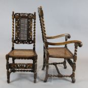 A set of ten Carolean style carved oak dining chairs, including two carvers with caned backs and