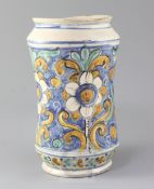 A Montelupo maiolica albarello, 18th century, polychrome painted with flowers and foliage on a