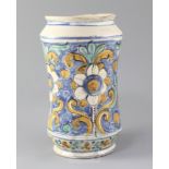 A Montelupo maiolica albarello, 18th century, polychrome painted with flowers and foliage on a