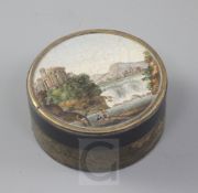 A 19th century Italian micro-mosaic and tortoiseshell snuff box, the lid decorated with the view