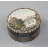 A 19th century Italian micro-mosaic and tortoiseshell snuff box, the lid decorated with the view