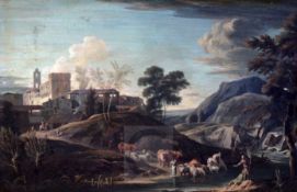 Manner of Marco Ricci (1676-1730)gouache on paper laid on cardAn extensive Italianate landscape with