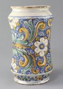 A Montelupo maiolica albarello, 18th century, polychrome painted with flowers and foliage on a