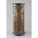 A Chinese bamboo brush pot, carved in relief with the eight immortals, with hardwood rim and base,