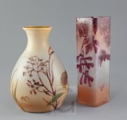 Two Legras cameo glass vases, c.1900-10, the first of square section overlaid in purple and orange