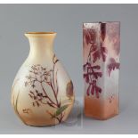 Two Legras cameo glass vases, c.1900-10, the first of square section overlaid in purple and orange