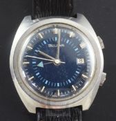 A gentleman's early 1970's stainless steel Bulova alarm wrist watch, with blue dial, baton markers