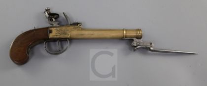 A Belgian brass framed and brass cannon barrelled flintlock boxlock overcoat pistol, with spring