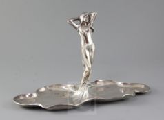 A WMF Art Nouveau silvered metal dish, modelled as a water nymph, width 14in.