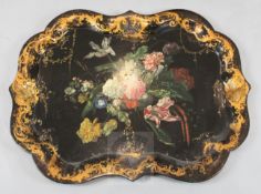 A Victorian Jennens & Bettridge papier mache tray, painted with flowers, 32 x 24.5in.