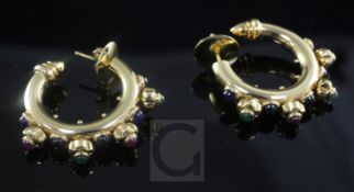 A pair of modern 18ct gold and multi cabochon gem set half hoop earrings, 31mm.
