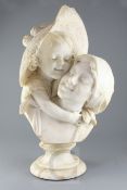 Emilio Fiaschi (1858-1941) A carved alabaster bust of a girl hugging her mother, signed, height