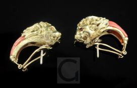 A pair of gold, diamond and coral set earrings, each modelled as the head of a lion, 25mm.