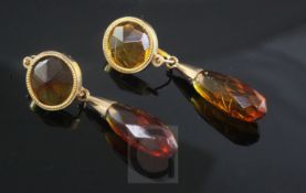 A pair of facetted amber bead drop earrings, 42mm.