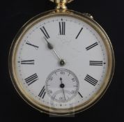 A late 19th/early 20th century 18ct gold keyless pocket watch, with Roman dial and subsidiary