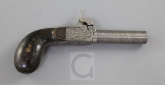 A Belgian percussion boxlock pistol, ebonised butt, c.1840, 7in.