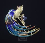 A modern gold, gem set and polychrome enamel brooch, modelled as a bird of paradise on a branch,