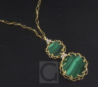 A stylish 1970's? Georges Weil 18ct gold and diamond set graduated double malachite disc drop