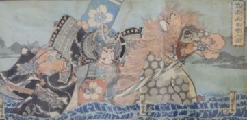 A Japanese woodblock triptych of a samurai, 19th century, Oban format 35cm x 71cm