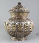 An Indian large lota-type brass repousse jar and cover, of bulbous form, inlaid, applied and cast