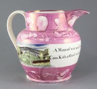 A large Sunderland pink splash lustre decorated jug, early 19th century, transfer printed in black