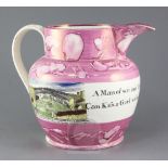 A large Sunderland pink splash lustre decorated jug, early 19th century, transfer printed in black