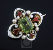 A late Victorian 15ct gold, peridot, seed pearl and enamel pendant brooch, in the manner of