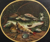 19th century English Schooloil on canvasStill life of pike and other fish, with a net and a