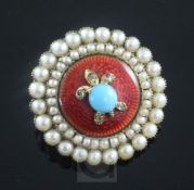 A late Victorian gold, red enamel and split pearl circular brooch with turquoise and rose cut