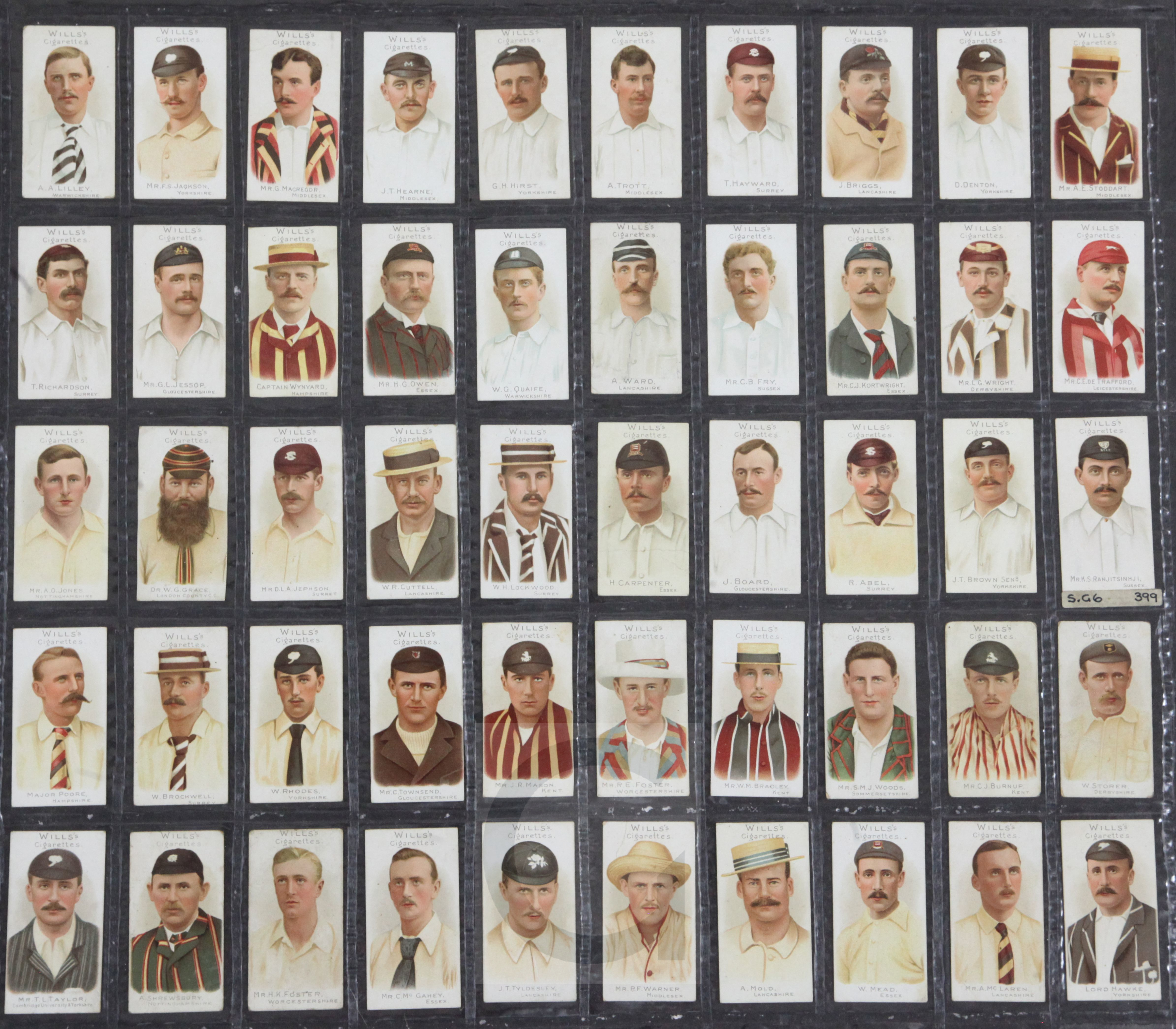 A folio album of cigarette cards mainly on Cricket and Cricketers, mainly full sets, comprising: