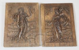 Two 17th century carved oak panels, one of Prudence looking into a mirror, the other of Temperance