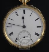 A late Victorian 18ct gold keyless pocket watch, with Roman dial and subsidiary seconds.