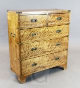 A 19th century satinwood campaign chest, fitted two short and three long drawers, on bracket feet,