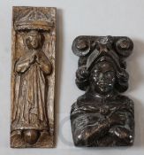A 16th century carved oak panel, depicting a lady with medieval costume under a canopy, 11 x 3.5in.,