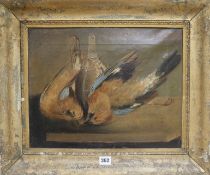 19th Century English Schooloil on canvasStill life of a brace of jays with a flask32 x 41cm