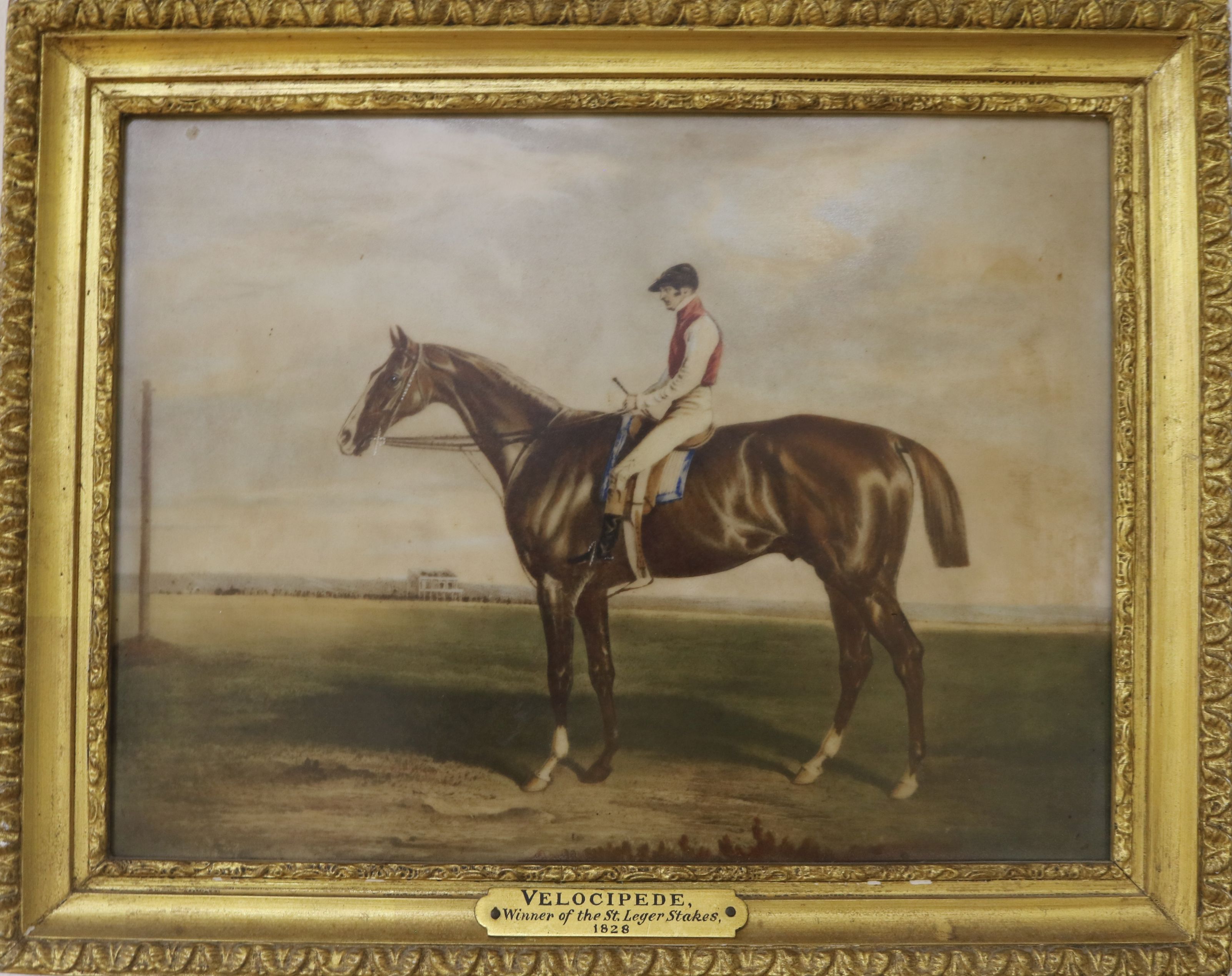 A Rosenthal printed plaque'Velocipede 1828', winner of the St Ledger Stakes 182817 x 22.5cm