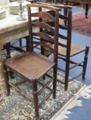 A harlequin set of eight 19th century ash ladderback chairs