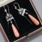 A pair of 1920's style platinum and white gold, diamond, coral and black onyx drop earrings, overall